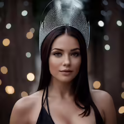 a beautiful woman in black dress with a tiara