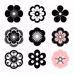 japanese flowers in many designs on a white background,an assortment of six different black and pink flower designs
