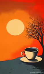 a painting of a cup and saucer on top of a table