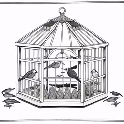 a drawing of a bird in a cage,a black and white picture of birds flying inside a birdcage,the cage that holds a flock of birds,the birds inside of a birdcage,a bird in a cage sitting in front of another