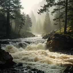 the flowing river runs through some trees and rocks