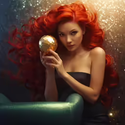 a girl with red hair holding a golden globe