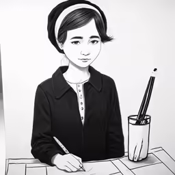 a drawing of a woman writing on a desk with a pen and pencil