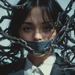 a young girl in a business suit with tied up neck and mouth