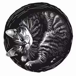an illustration of a kitten curled up in a ball,a cat in the circle is looking down