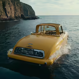 a car driving on the water near an island