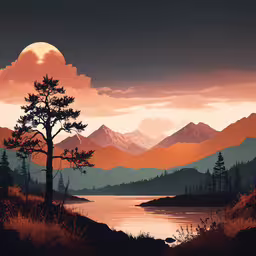 a painting of mountains, trees, and water against a sunset,a sunset scene with an orange glow on the trees and mountains