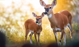 two little deers in the grass near some trees