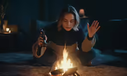 a girl lighting a candle in the dark