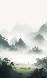 a foggy landscape of trees, rocks and hills