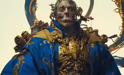 a statue of a demon with a skull face and elaborate hair
