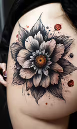 some tattoos are drawn on the side of a pregnant belly,a tattoo depicting a flower on the side of a woman