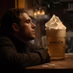 a man that is sitting down by a cup of coffee