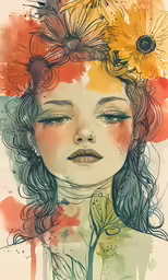 a drawing of a young girl with sunflowers on her head