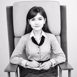 the lady is sitting in the chair and posing for a black and white picture
