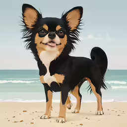 a painting of a dog on the beach wearing a black and white shirt