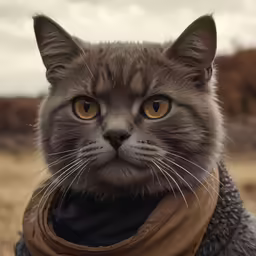 a cat wearing a scarf with big eyes