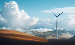 wind turbine sitting on top of a hillside under a cloudy sky