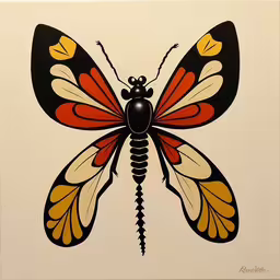 a painting of a large butterfly is shown,the painting is colorful, colorful butterfly with long wings