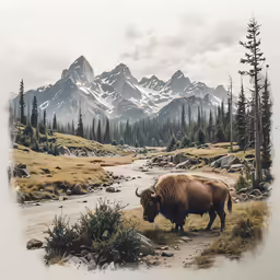 an bison standing in the middle of a rocky, wooded area with water, mountains, and trees