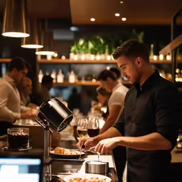 several people are standing in line at a bar and some glasses of wine