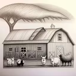 drawing of sheep in front of a barn with an ash tree and mountains above,a drawing of sheep and two sheep by a barn