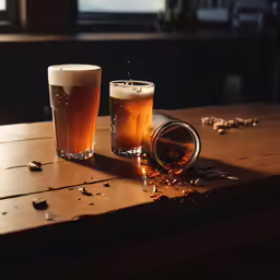two beers are sitting on a table top