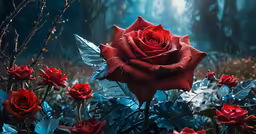 a red rose surrounded by blue leaves