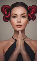 young woman wearing red hair, in front of a grey background wearing red flowers