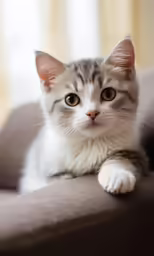 a small gray and white kitten is laying down