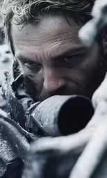 a man looking through some frozen branches in winter