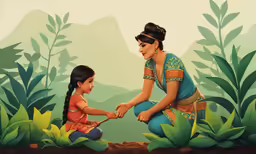 a woman with a child in the forest
