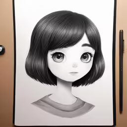 a drawing of an anime girl with a black and white hair