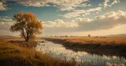 there is some grass and water in the field
