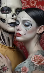 a woman and a man wearing skeleton makeup, holding each other