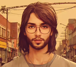 a male in a grey shirt is standing in the street,a digital painting of a man with glasses