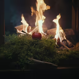 some fire with an apple sitting on the grass next to it