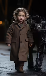 a small girl dressed up in a brown coat