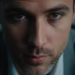 a closeup of a man with blue eyes