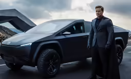 a man standing beside a futuristic black car