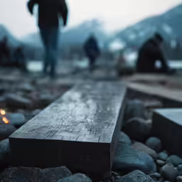 a wooden bench on a rocky shore in the rain