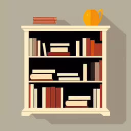 a bookcase with two shelves filled with books next to a vase,a white book shelf sitting in front of a grey wall
