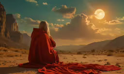 the back of a person in a red cloak sitting on top of a field next to mountains