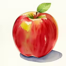 an image of an apple with a leaf,an apple painted in red and yellow with a green leaf