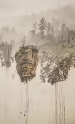 several small rock islands in a forest with mist