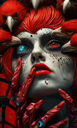 a girl with birds on her head next to some hands