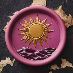 a frisbee with a golden sun in the middle of a circle