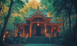 a small wooden building surrounded by trees and some stairs