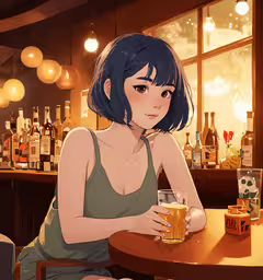 a young woman sitting at a bar with a mug and glasses on her arm,a girl sits at a table holding a drink
