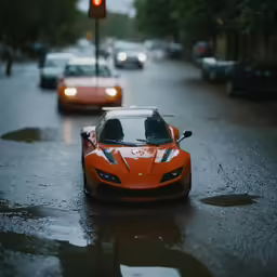 two cars driving down the street in the rain